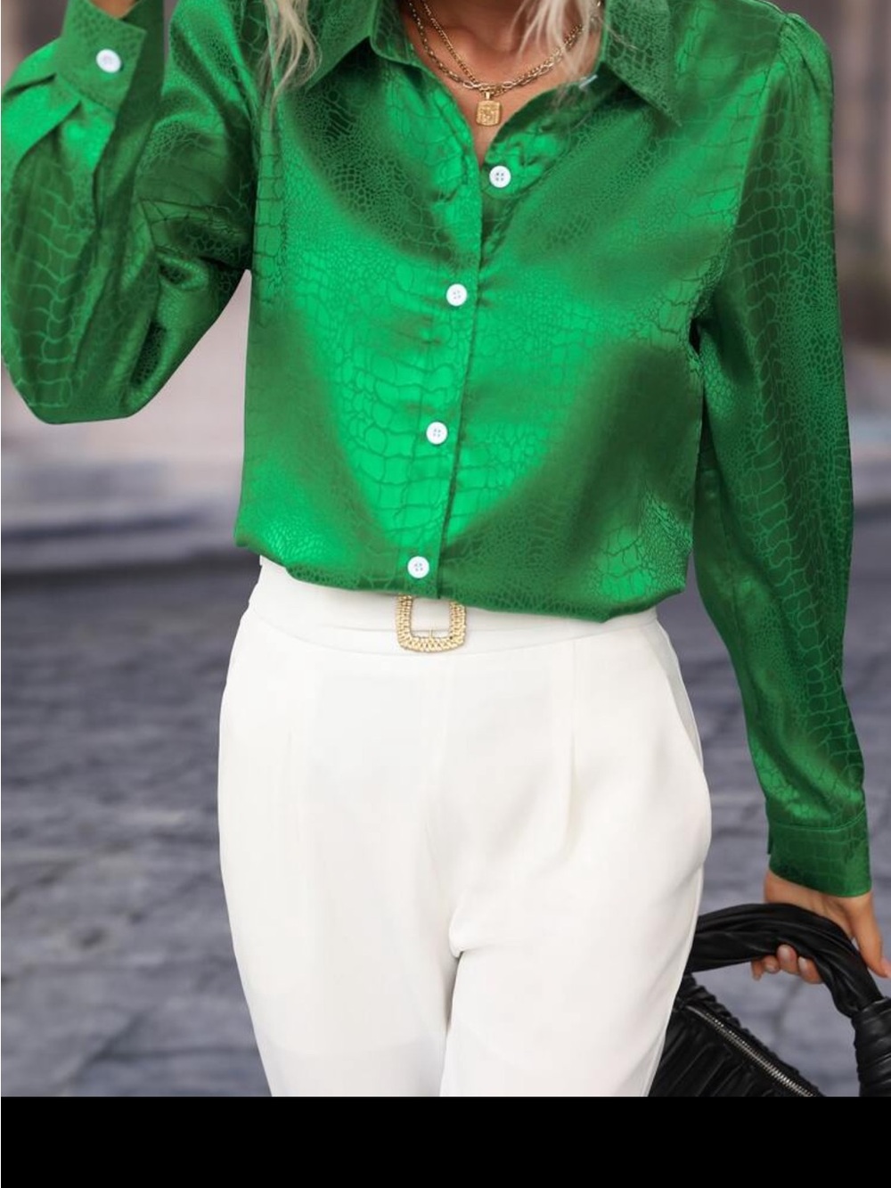 SHEIN Emerald Green Satin Jacquard Puff Sleeve Blouse - Size Medium - Picture 2 of 7